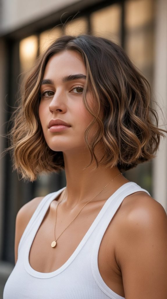 Soft Wavy Jawline Bob with Highlights