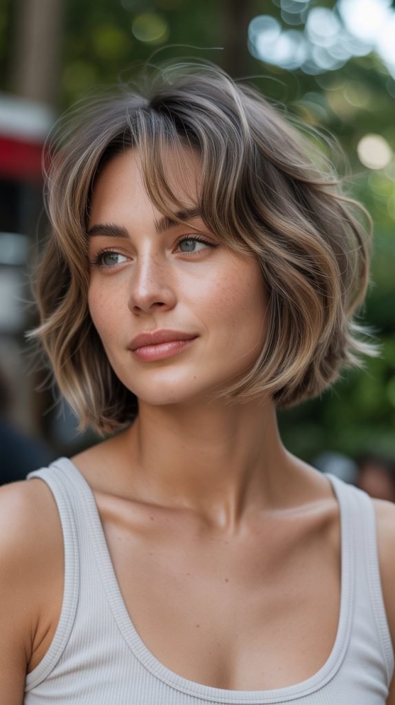 Textured Jawline Bob with Wispy Bangs