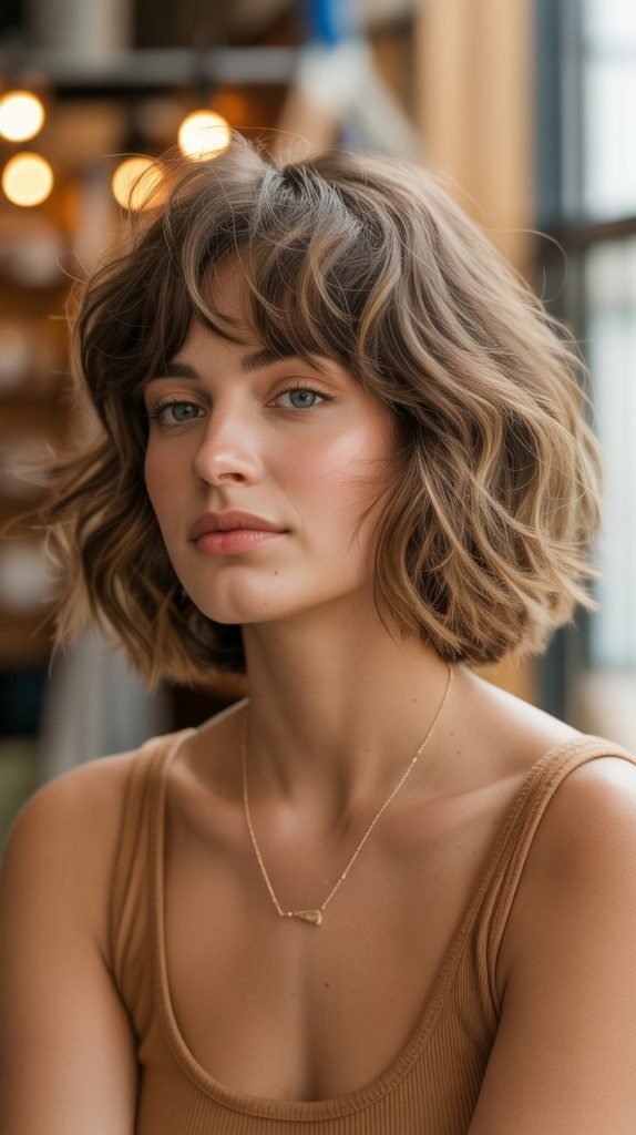 3. Textured Chin Bob with Wispy Bangs