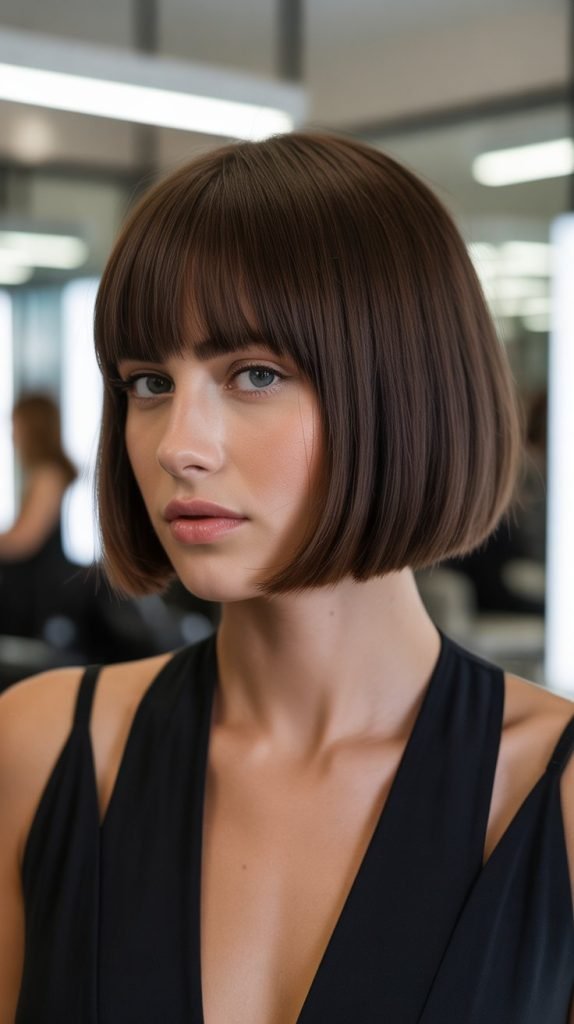 26. Sleek Chin Bob with Rounded Bangs