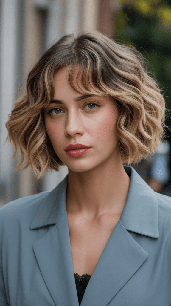 Wavy Angled Bob with Curtain Bangs