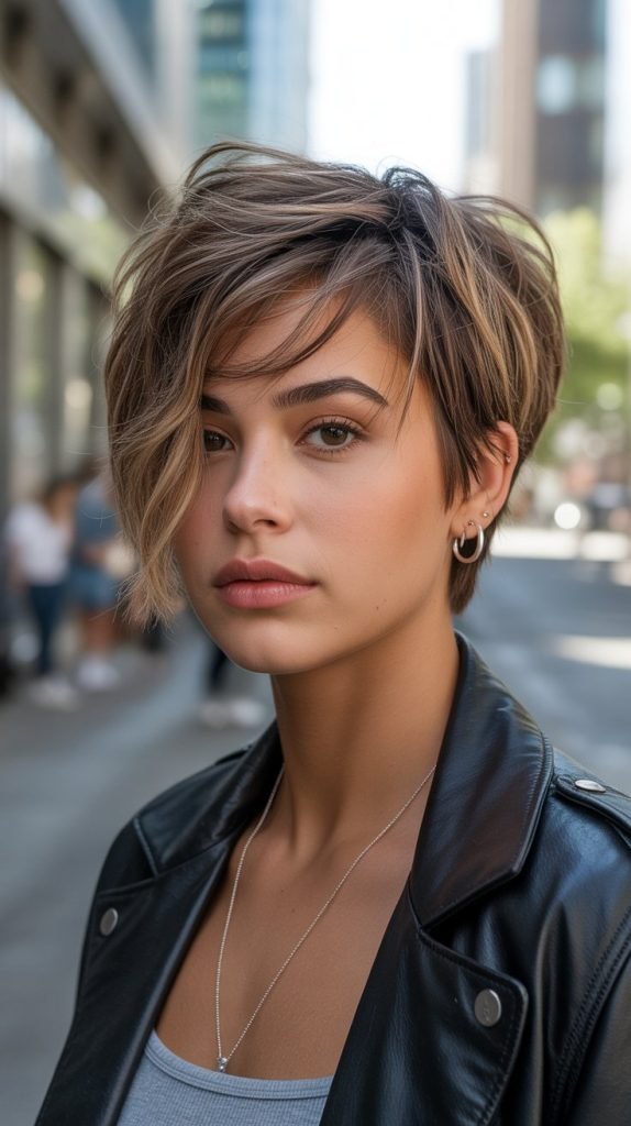  Beautiful woman with face-framing pixie cut, warm brown hair with caramel highlights, soft natural lighting highlighting facial features, elegant pose
