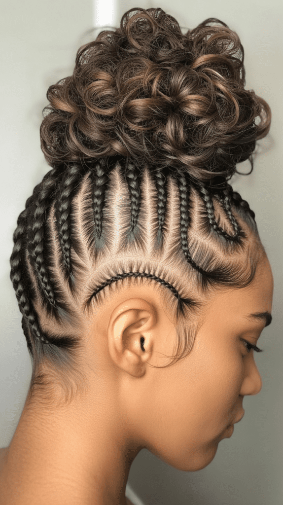 Cornrows with Curly Ends Updo