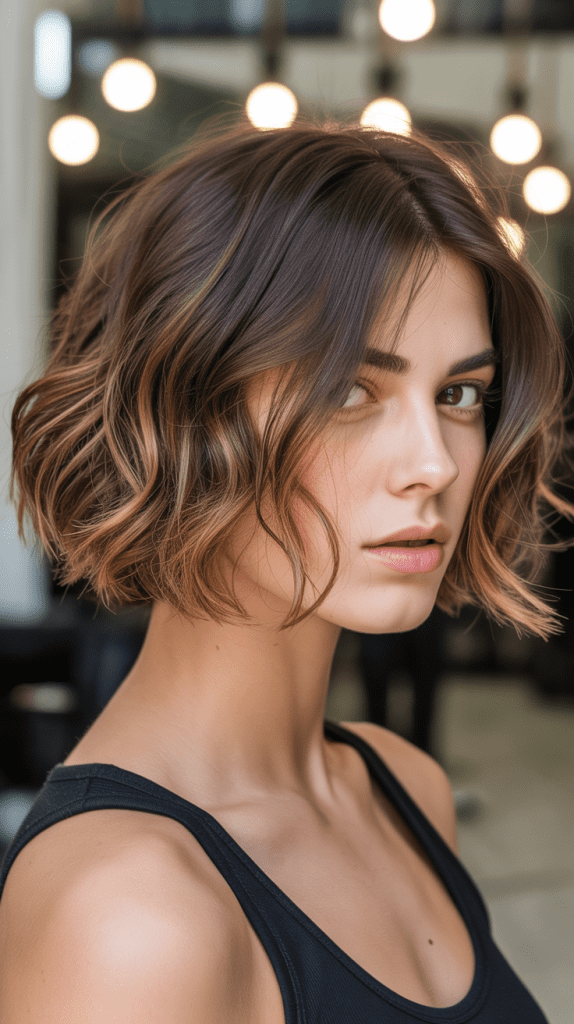 Caramel Highlights on Short Wavy Hair