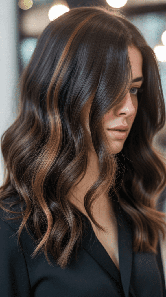 Caramel Highlights for Dark Wavy Hair