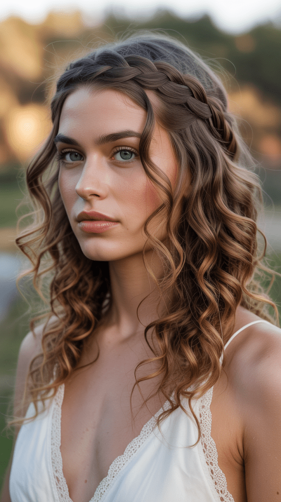 Half-Up Braided Crown with Down Curls