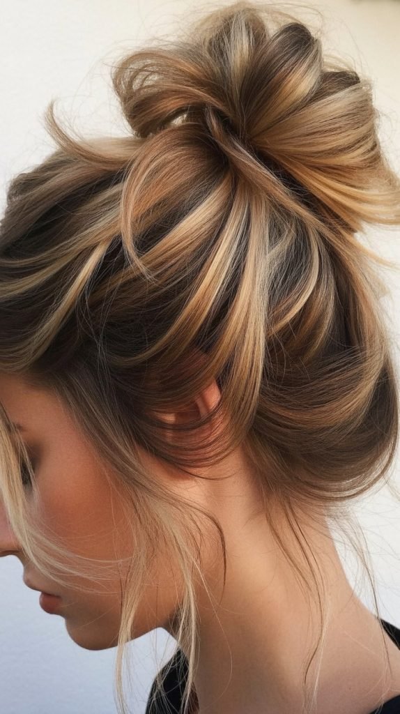 Messy Bun with Sandy Blonde and Pecan Lowlights