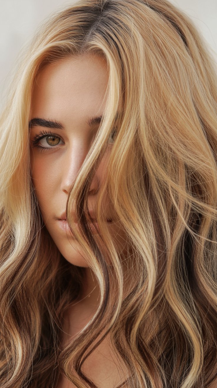Gorgeous Blonde Hair with Brown Lowlights and Caramel Eyes