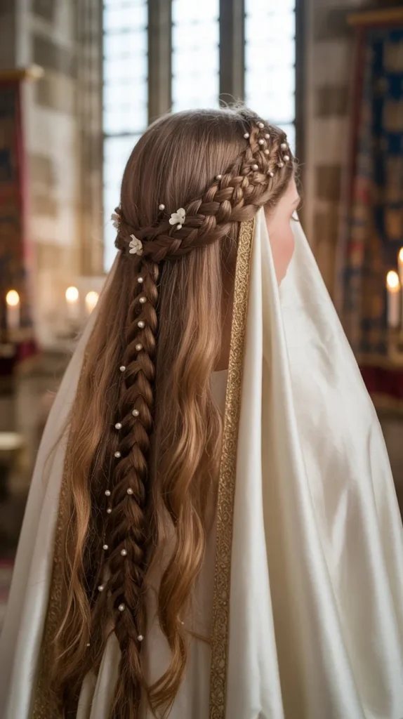  Medieval Wedding Veil with Braided Attachment