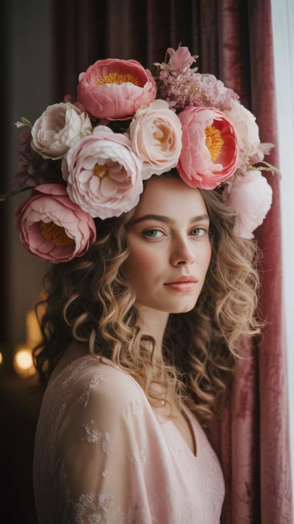 Voluminous Curls with Statement Flower Crown