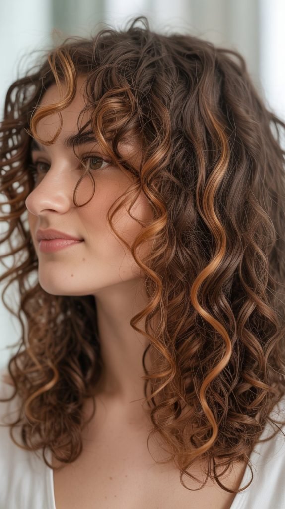 Caramel Highlights on Medium-Length Curly Hair