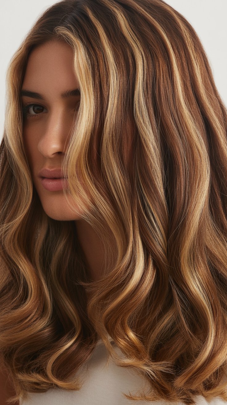 Stunning Brown Hair with Blonde Lowlights and Caramel Tones