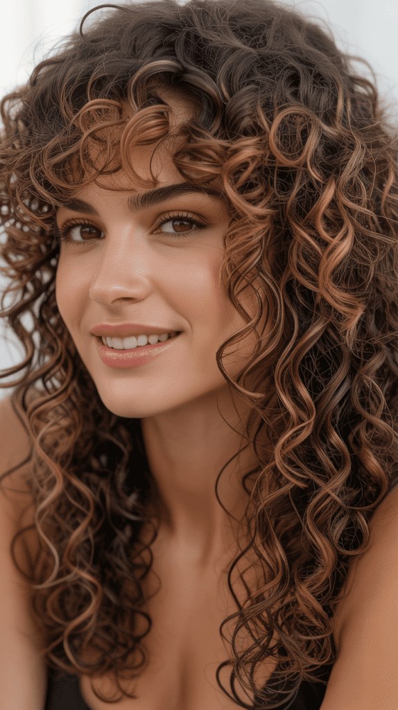 Caramel Highlights on Curly Hair with Bangs