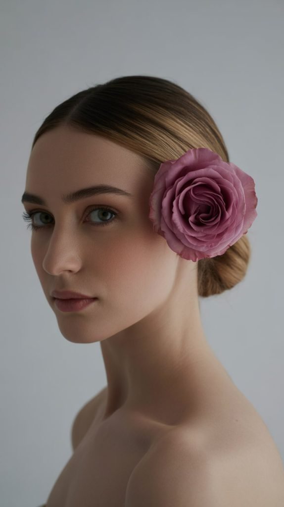  Sleek Low Bun with Single Dramatic Bloom