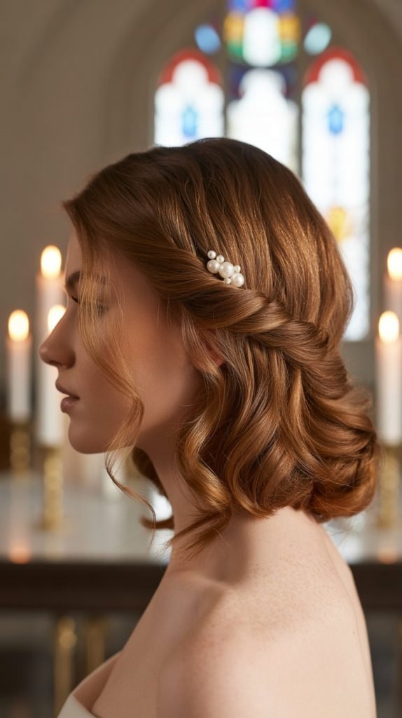 Realistic photo of a skier with twisted low ponytail, pastel-colored ski outfit, sunrise mountain background, soft natural lighting