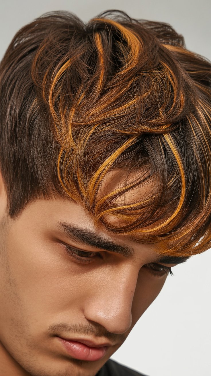 Trendy Caramel Highlights on Brown Hair for Guys