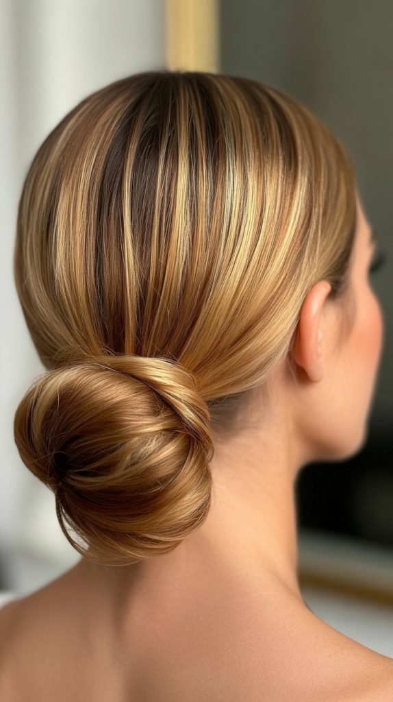 Sleek Low Bun with Golden Blonde and Umber Lowlights