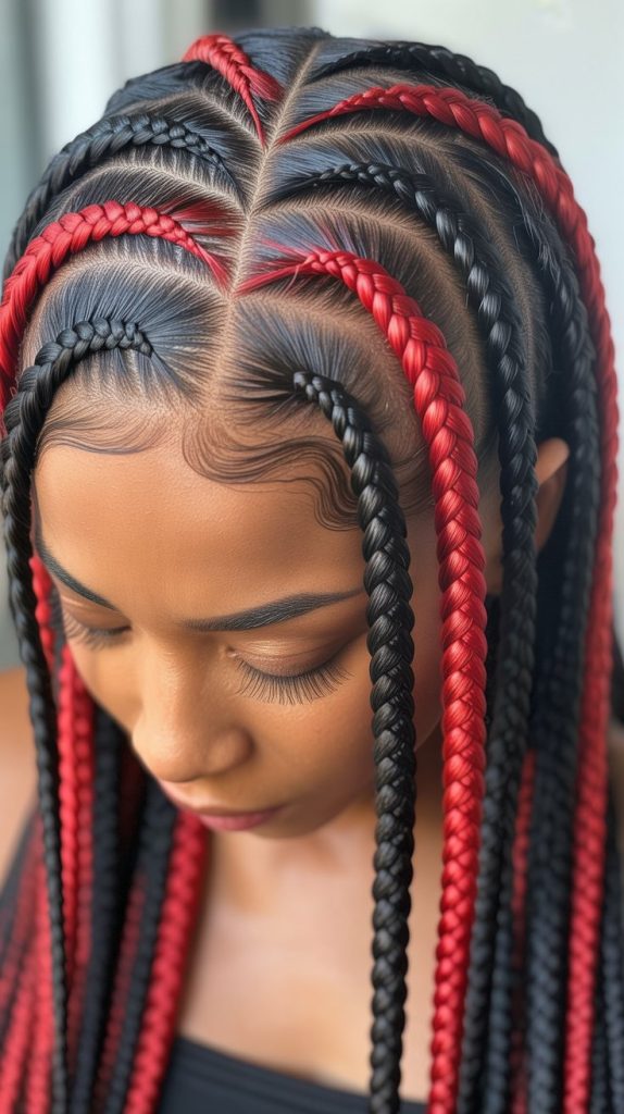 4. Red and Black Feed-In Braids