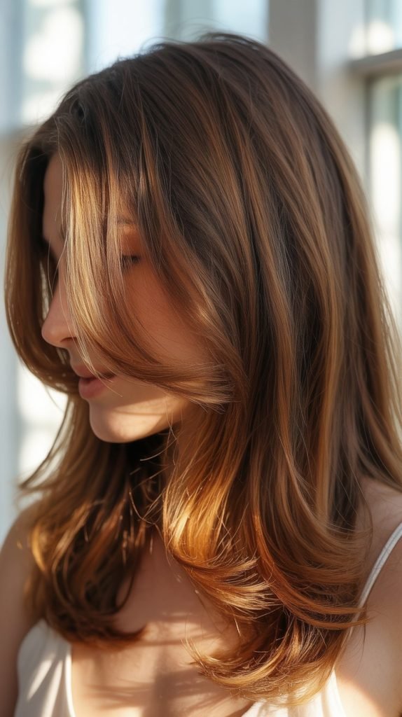 Caramel Highlights with Honey Lowlights for Shoulder-Length Brown Hair