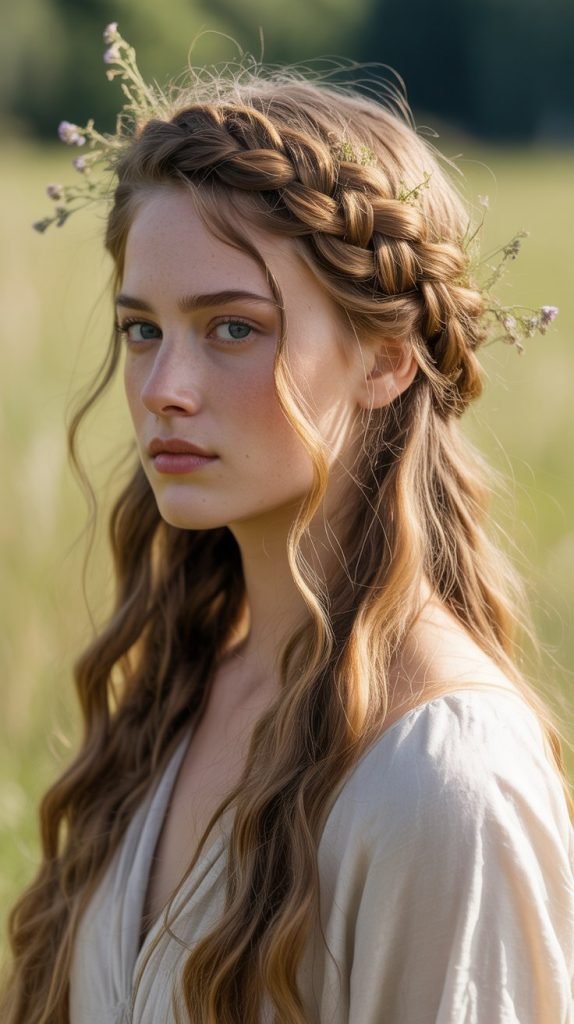 Braided Crown with Flowing Hair