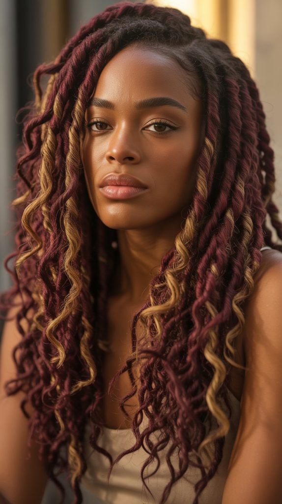 Burgundy and Gold Goddess Locs