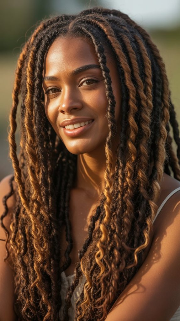 6. Goddess Locs with Caramel Highlights