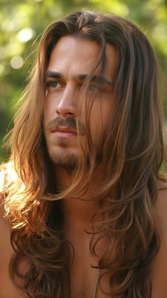 Caramel Highlights on Long Hair with Layers