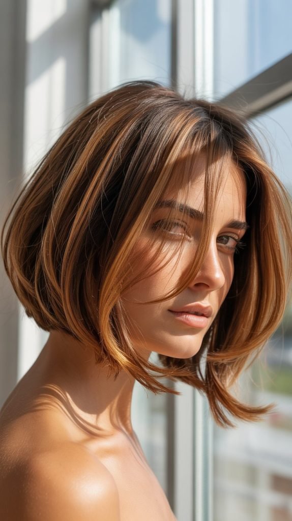 Wispy Bob with Caramel Lowlights and Highlights