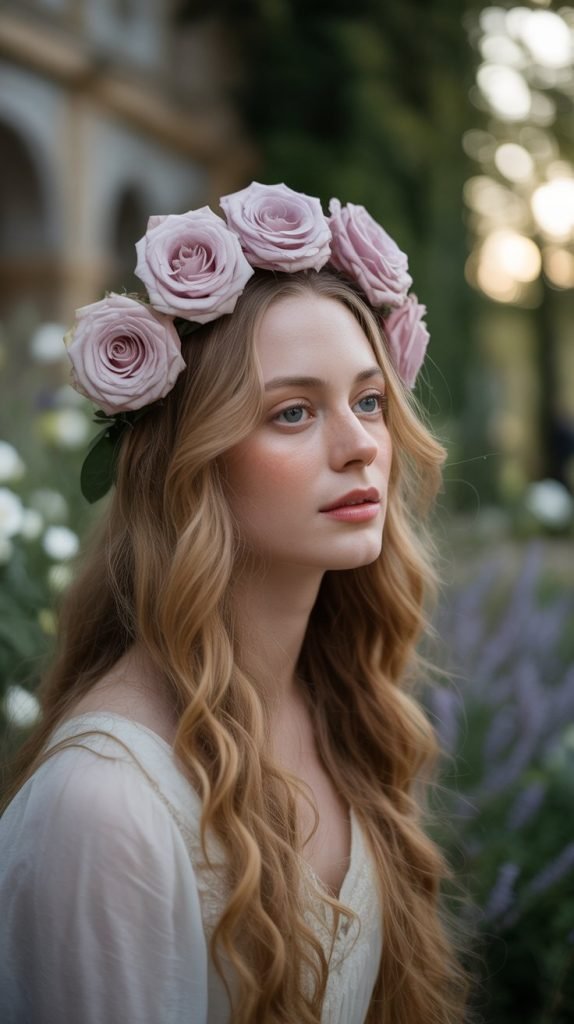 1. Classic Loose Waves with Rose Crown