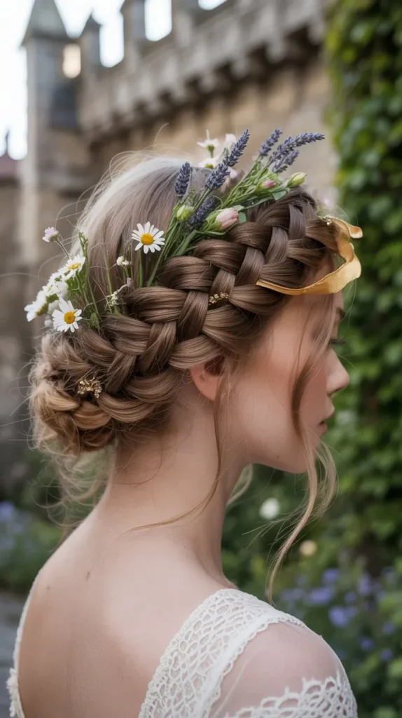 Medieval Boho Braided Updo with Flowers