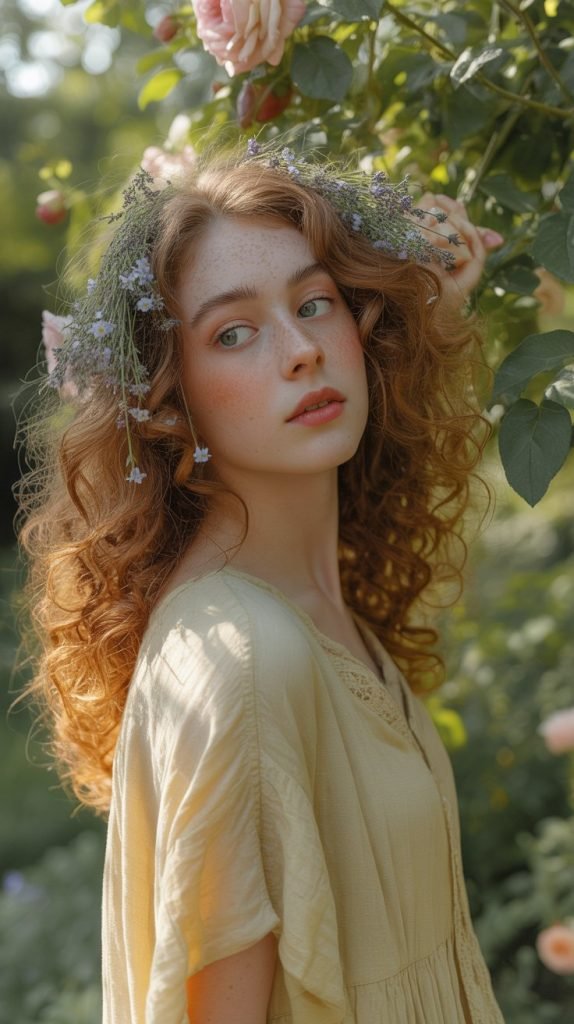 13. Soft Romantic Curls with Floral Accessories