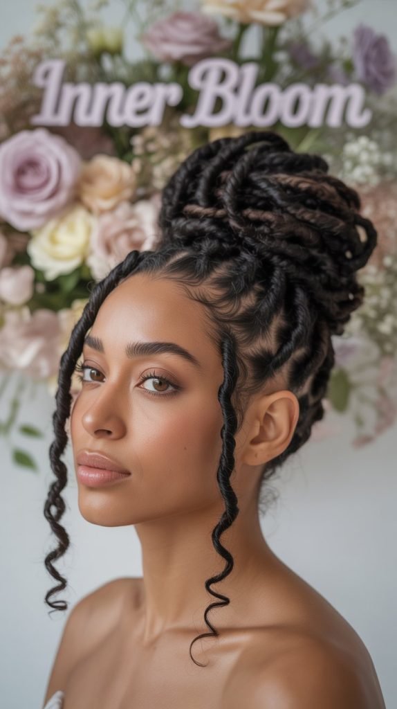 19. Twisted Updo with Face-Framing Locs