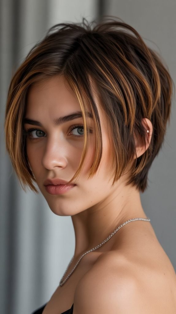 Caramel Highlights on Short Medium Brown Hair