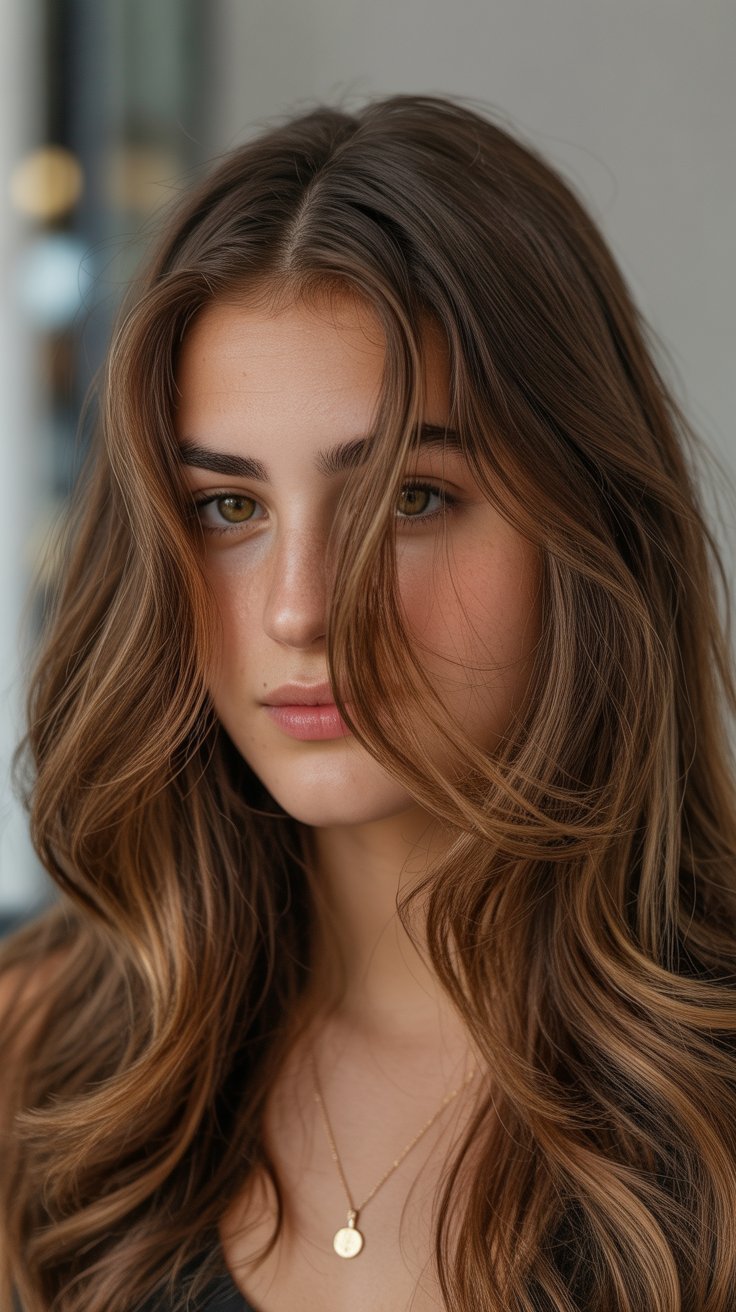 Rich Caramel Highlights on Brown Hair Using Redken