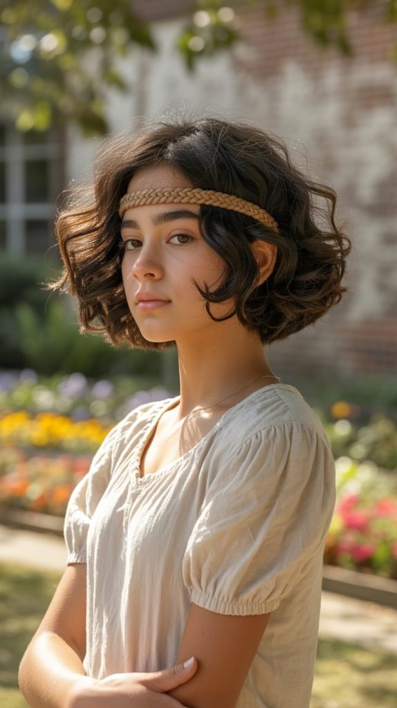 26. Curly Hair with Thin Braided Headband