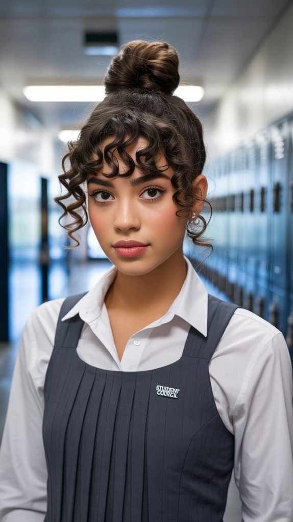 21. Top Knot with Curly Bangs