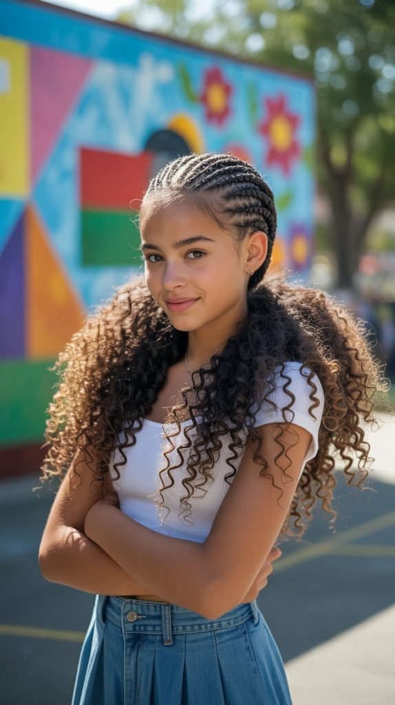 21. Curls with Side Cornrows