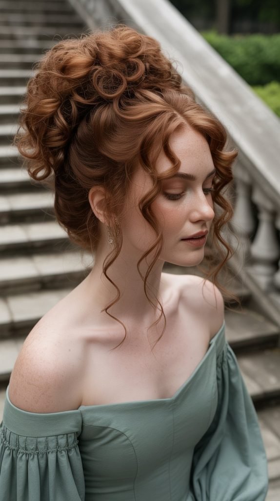 Curly High Bun with Cascading Tendrils
