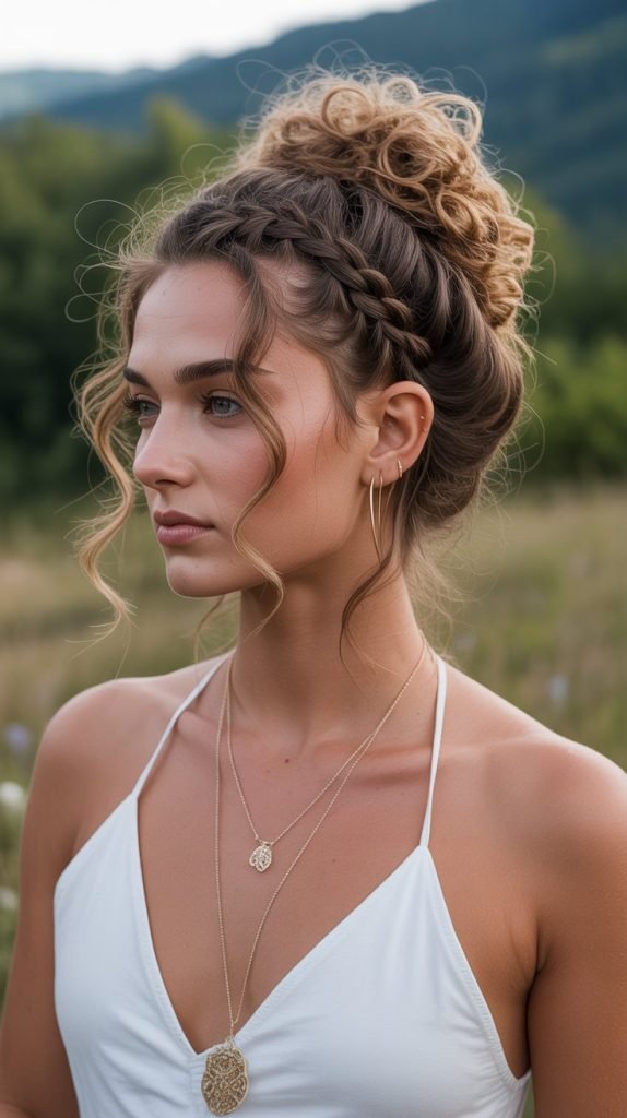 Crown Braid with Messy Curly Bun