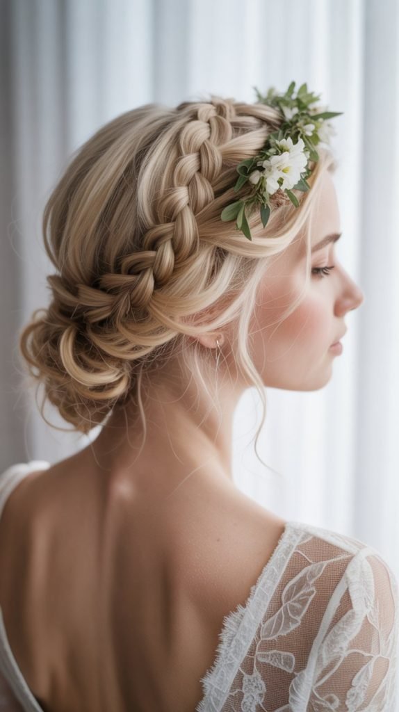 Braided Halo with Low Curly Bun