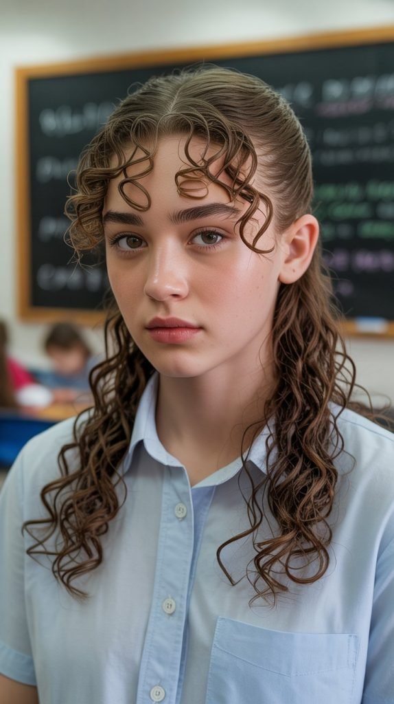 Slickback with Curly Fringe Left Loose