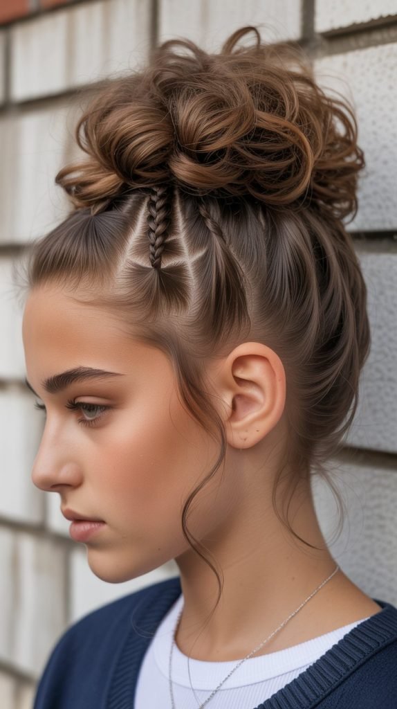 Curly Top Knot with Braided Base