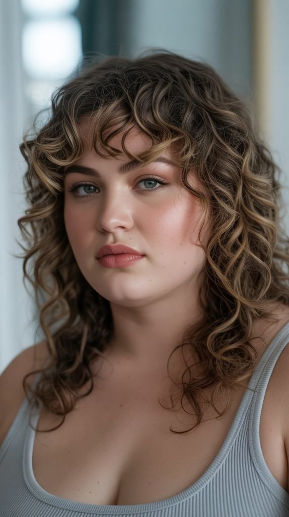 Curly Hair with Swooped Fringe