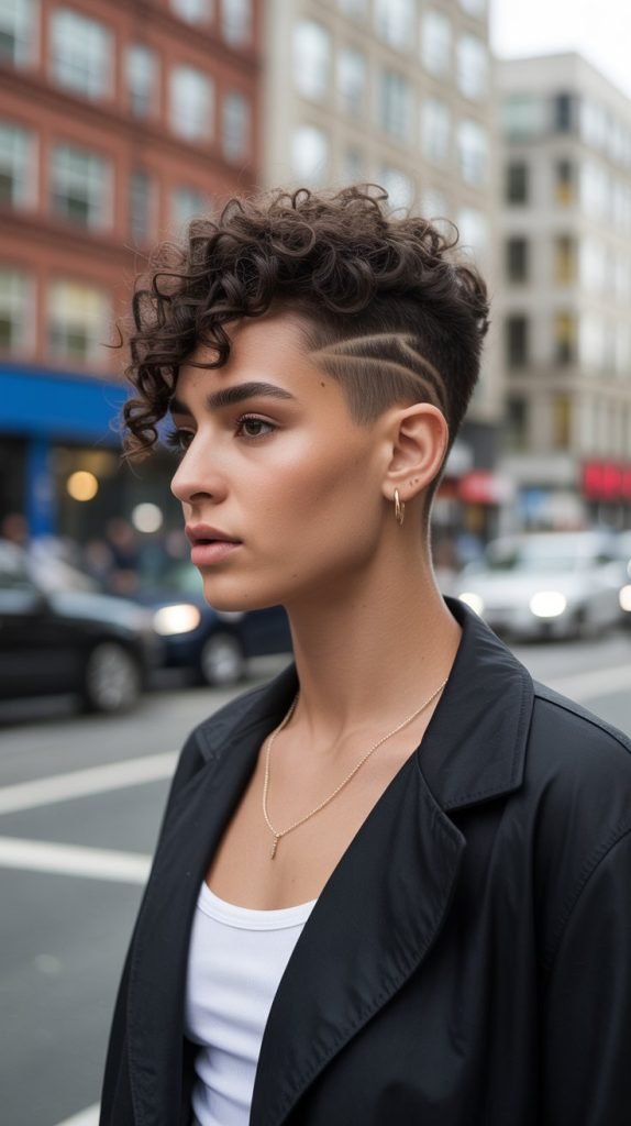 Curly Top Knot with Shaved Sides Accent