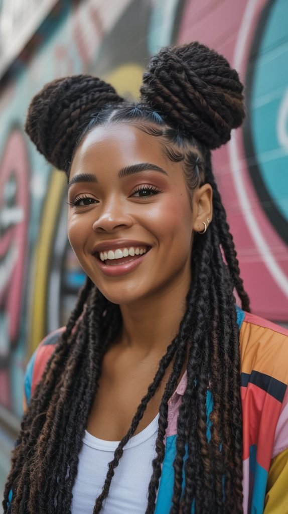 . Barrel Twist Locs in Space Buns