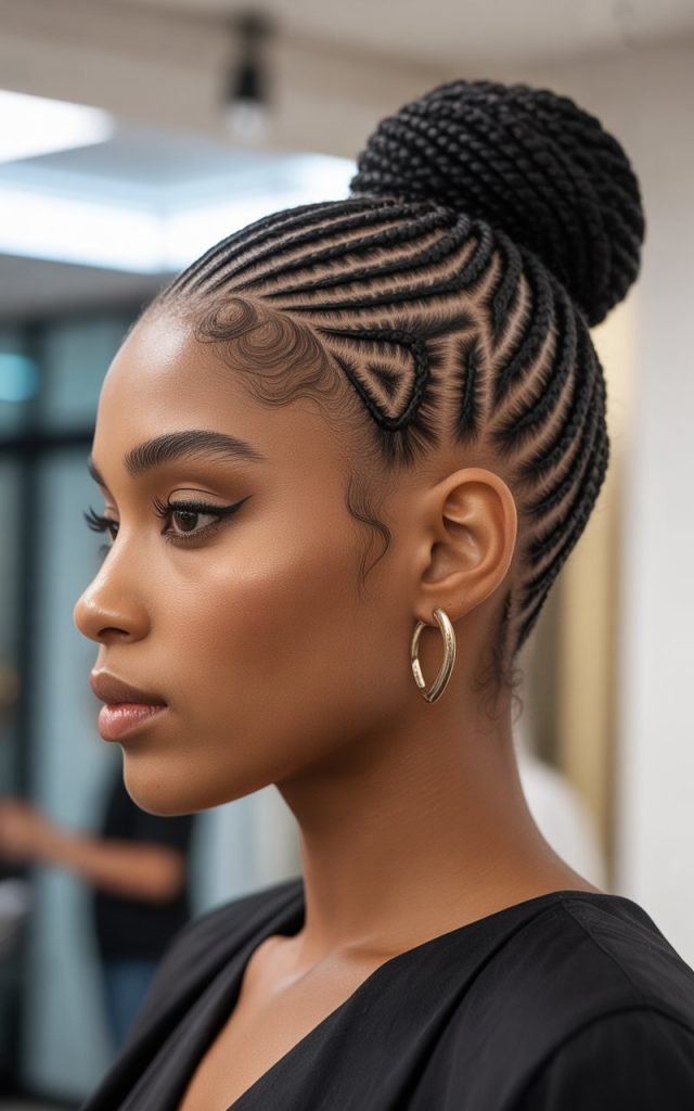 Cornrow Updo with Geometric Patterns