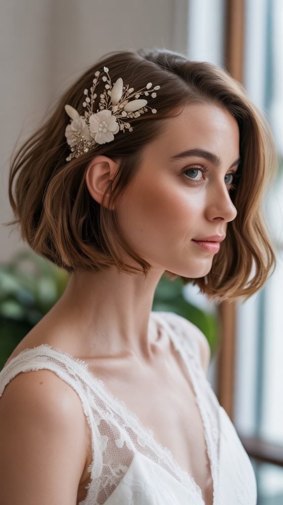 Asymmetrical Bob with Floral Hair Comb