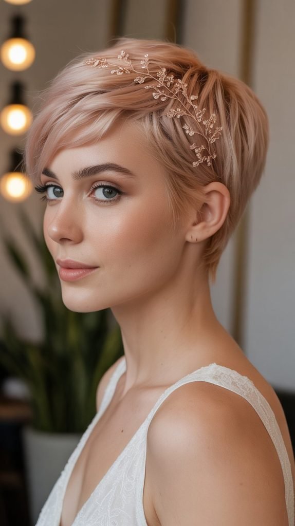 Choppy Pixie with Rose Gold Hair Vine