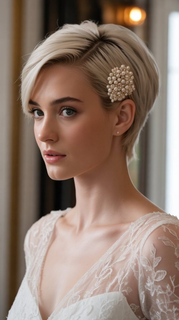 Classic Side-Swept Pixie with Pearl Pins