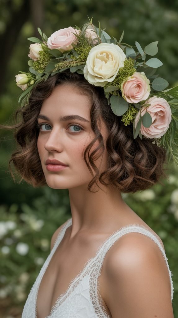 Curly Bob with Floral Hair Piece